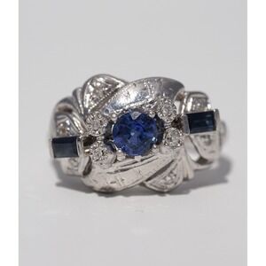 Vintage 13k Solid White Gold Engraving Natural Light‎ Blue Sapphire Diamond Ring